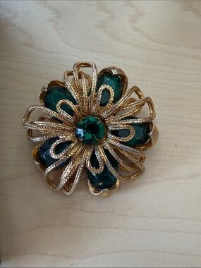 Coro Gold-Tone Floral Brooch with Deep Green Center